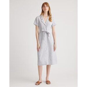 Quince 100% European Linen Button Front Blue Pinstripe Midi Dress Size Large